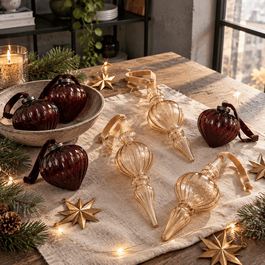 12 Burgundy Red Hand Blown Glass Finial Christmas Ornament Set