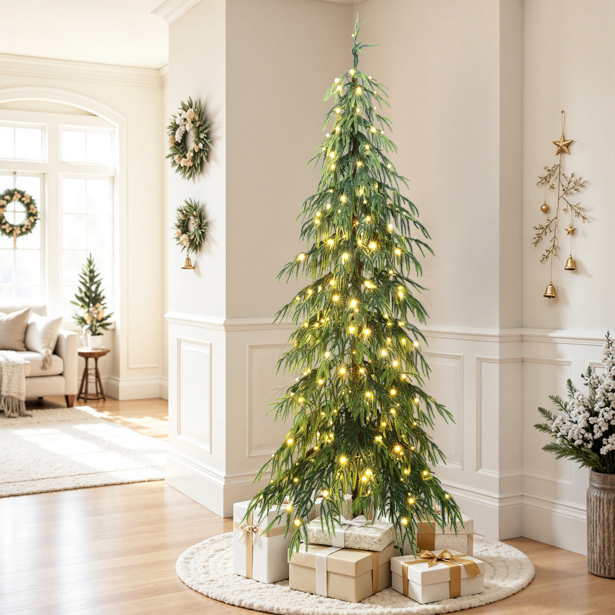 Haven Crest 7.5FT Flocked Cedar Christmas Tree 250 LEDs 2160 PE Tips Decor