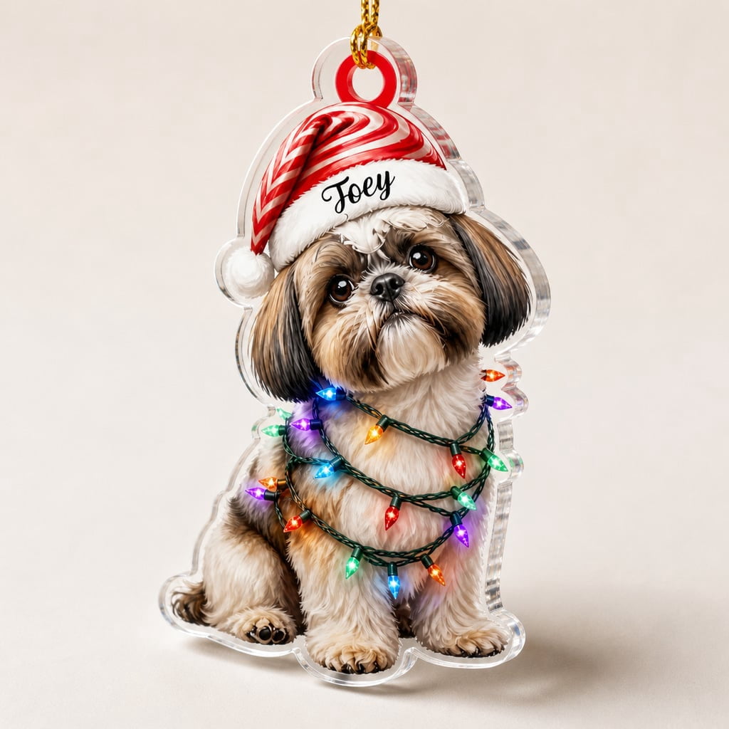 Ornament Custom Name Sitting Shih Tzu Dog Santa Hat Flat 2D Christmas Tree Hanging Decor for Pet Lovers