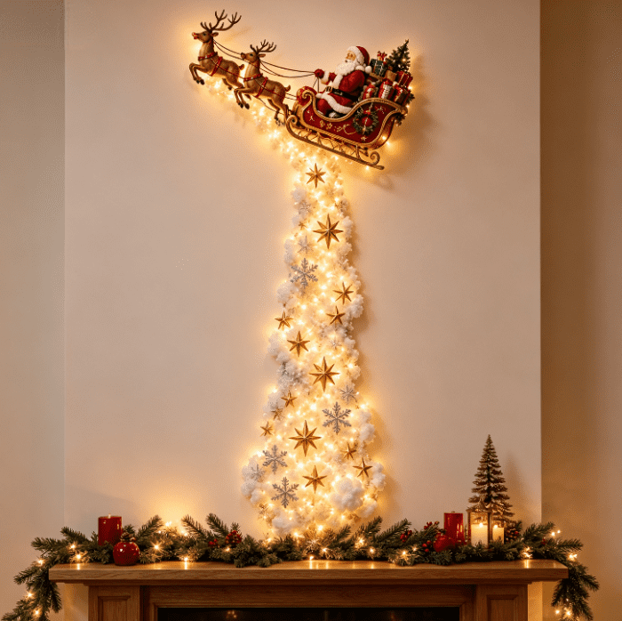 Christmas Staircase Banister Decor Set of 5 Lighted Santa Snow Scene Garland for Stair Railing Indoor Seasonal Home Ornament