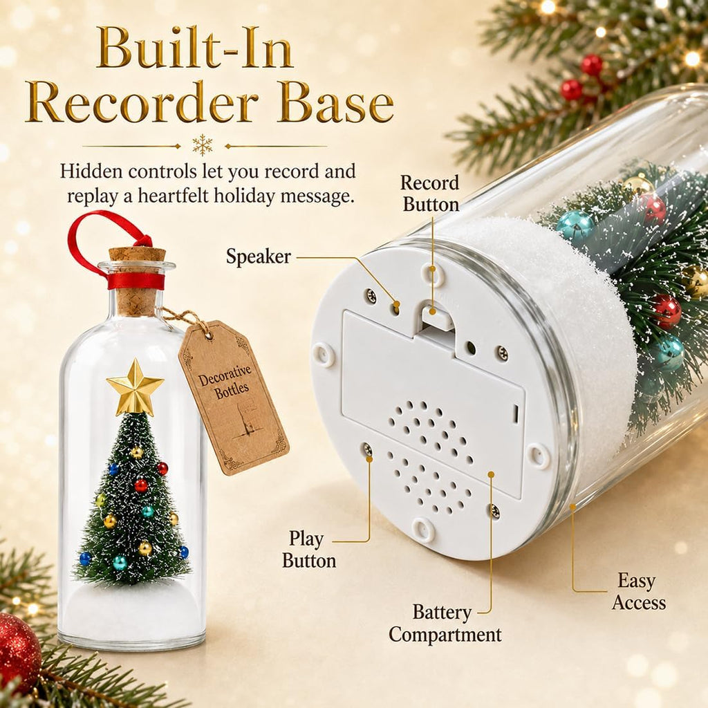 3-Piece Recordable Christmas Tree in a Bottle Ornaments, Glass Holiday Decorations with Snowy Mini Trees and 30-Second Voice Recording, Christmas Mantel Decor