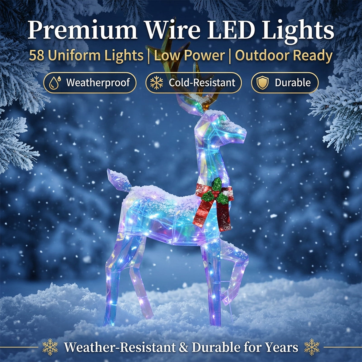 48" 3-Piece 2.5D Colorful Lighted Christmas Deer Family Outdoor Decorations, Clear-Look Reindeer Set with 145 Lights, Gold Antlers, Stakes and Zip Ties for Yard Lawn Porch Garden Holiday Decor