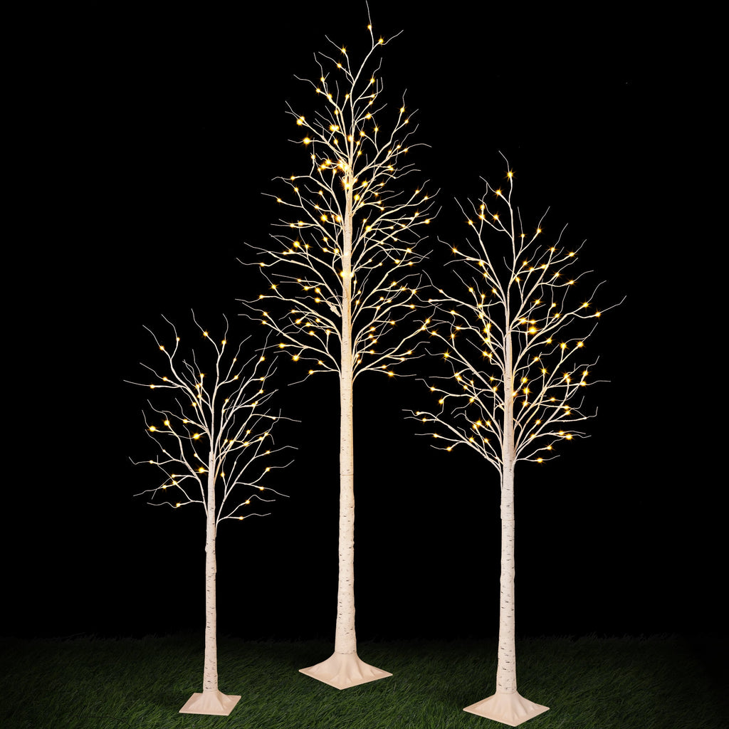 DR.Planzen LED Birch Tree Light Set - 4ft, 6ft, 8ft Artificial Pre-lit Trees - with Plug-in Warm Lights - Indoor Outdoor Christmas Holiday Wedding Decor for Home Party (3-Pack)