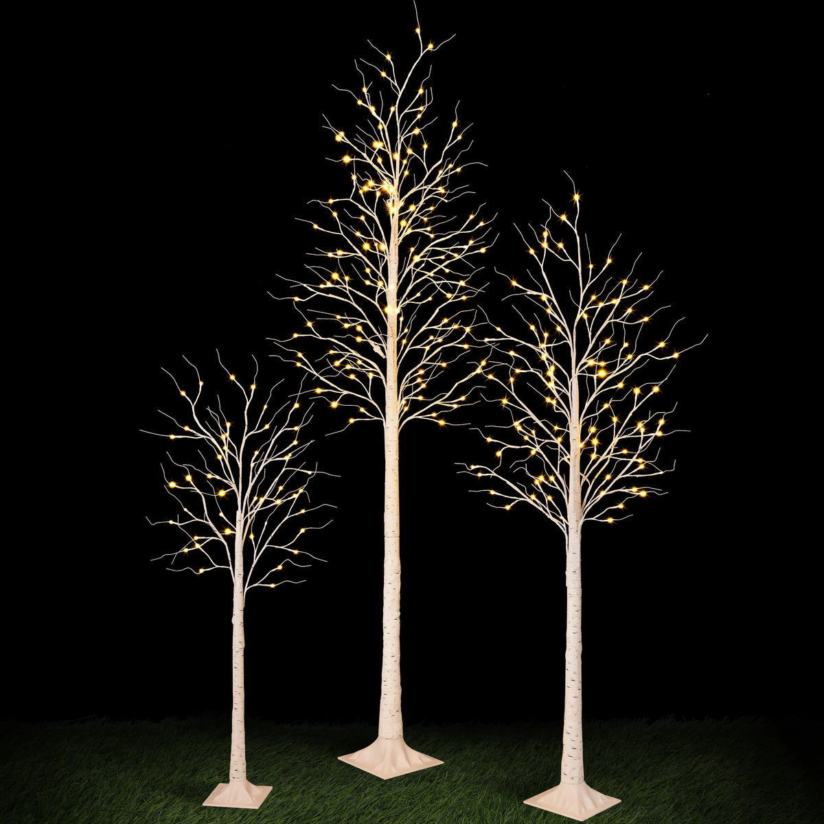DR.Planzen LED Birch Tree Light Set - 4ft, 6ft, 8ft Artificial Pre-lit Trees - with Plug-in Warm Lights - Indoor Outdoor Christmas Holiday Wedding Decor for Home Party (3-Pack)