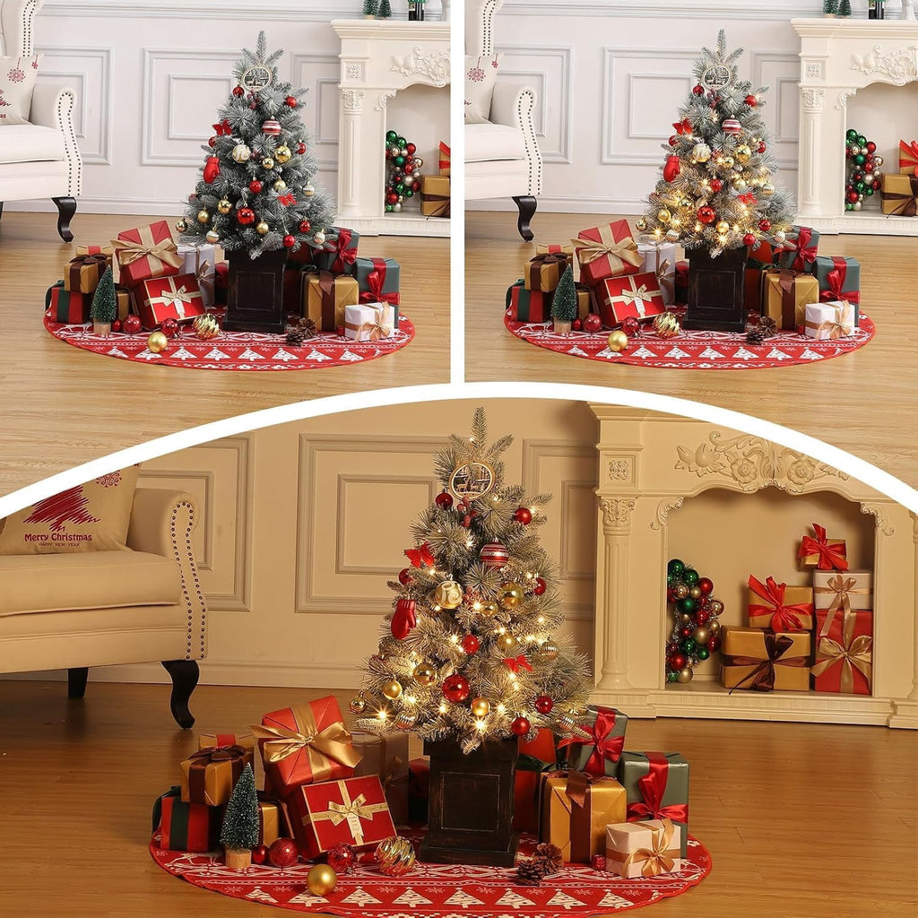 Flarhetoric 3FT Pre-Lit Snow Flocked Artificial Christmas Tree, 78 Warm White LEDs, 8 Lighting Modes, Red Berries, Easy Assembly, Tabletop Xmas Tree for Desk or Table Holiday Decor, Linen Base