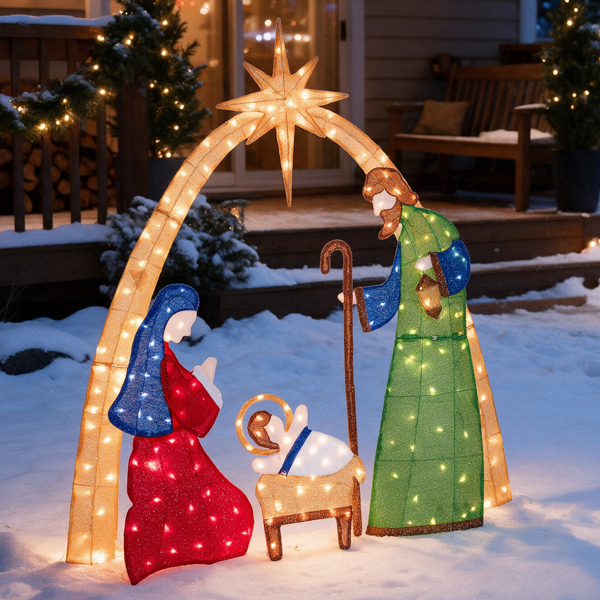 ROMSWI 2pc Iron Christmas Ornament Decoration Pop-up Hanging for Xmas Outdoor Holiday w/230 LED Light Assorted Colors - 30" & 24" Set