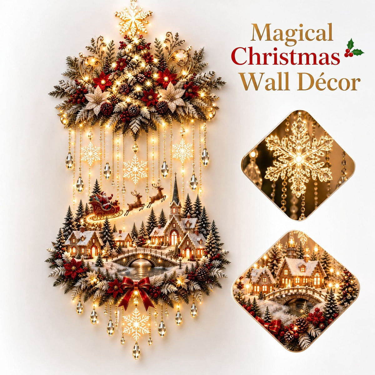 Christmas Staircase Banister Decor Set of 5 Lighted Santa Snow Scene Garland for Stair Railing Indoor Seasonal Home Ornament