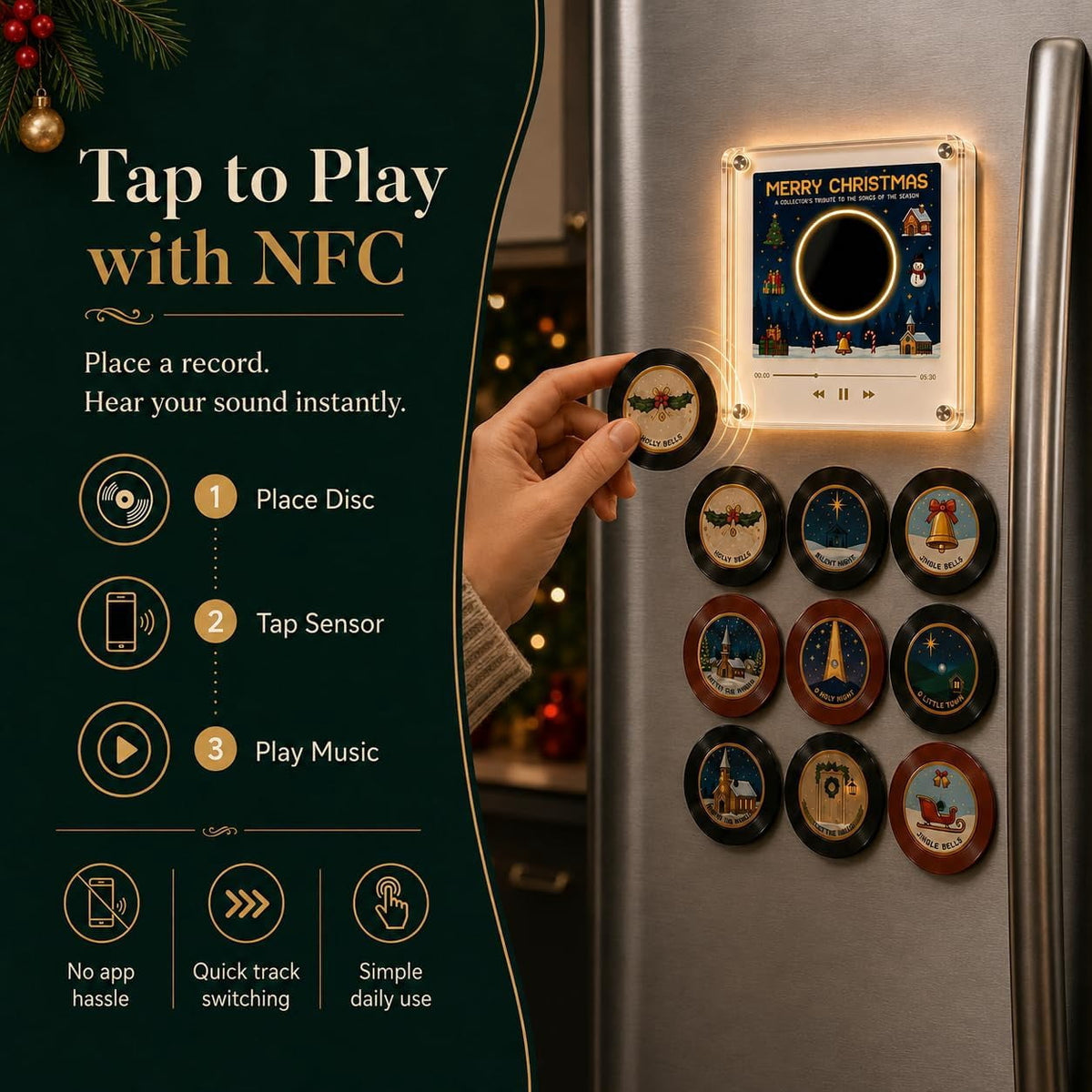 Christmas Music Refrigerator Stickers, Playable Magnetic Discs With Music Player Unit, Interactive Xmas Fridge Decor, Novelty Gift For Family Holiday Gatherings (B)