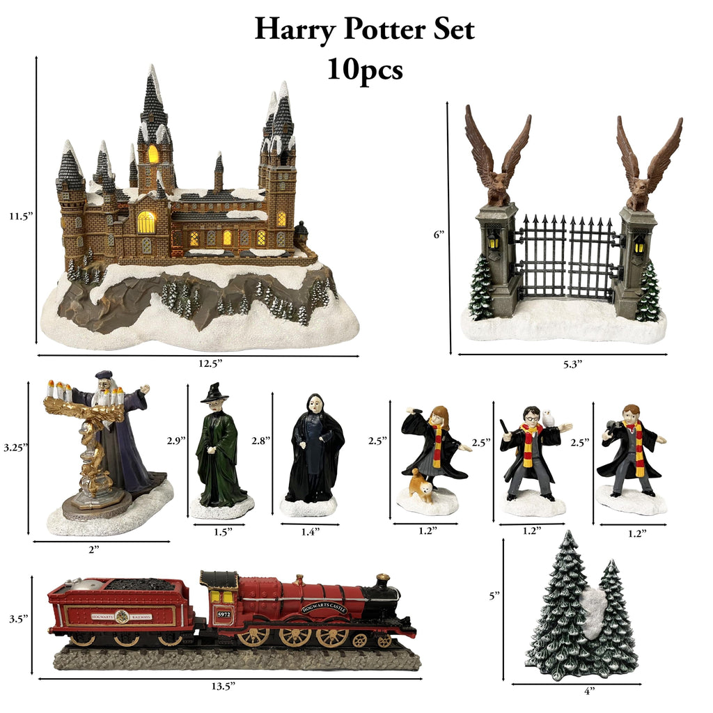 Moments In Time Harry Potter Christmas Village Set 10 Piece Lighted Castle Display Express Train, Gate, Trees and Character Figurines, Holiday Village Collection, Christmas Tabletop Home Decor