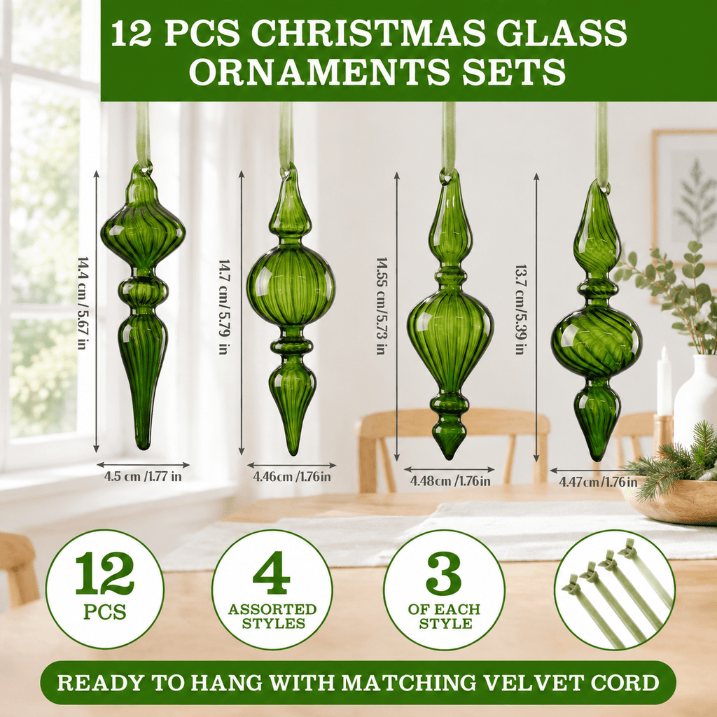 12 Burgundy Red Hand Blown Glass Finial Christmas Ornament Set