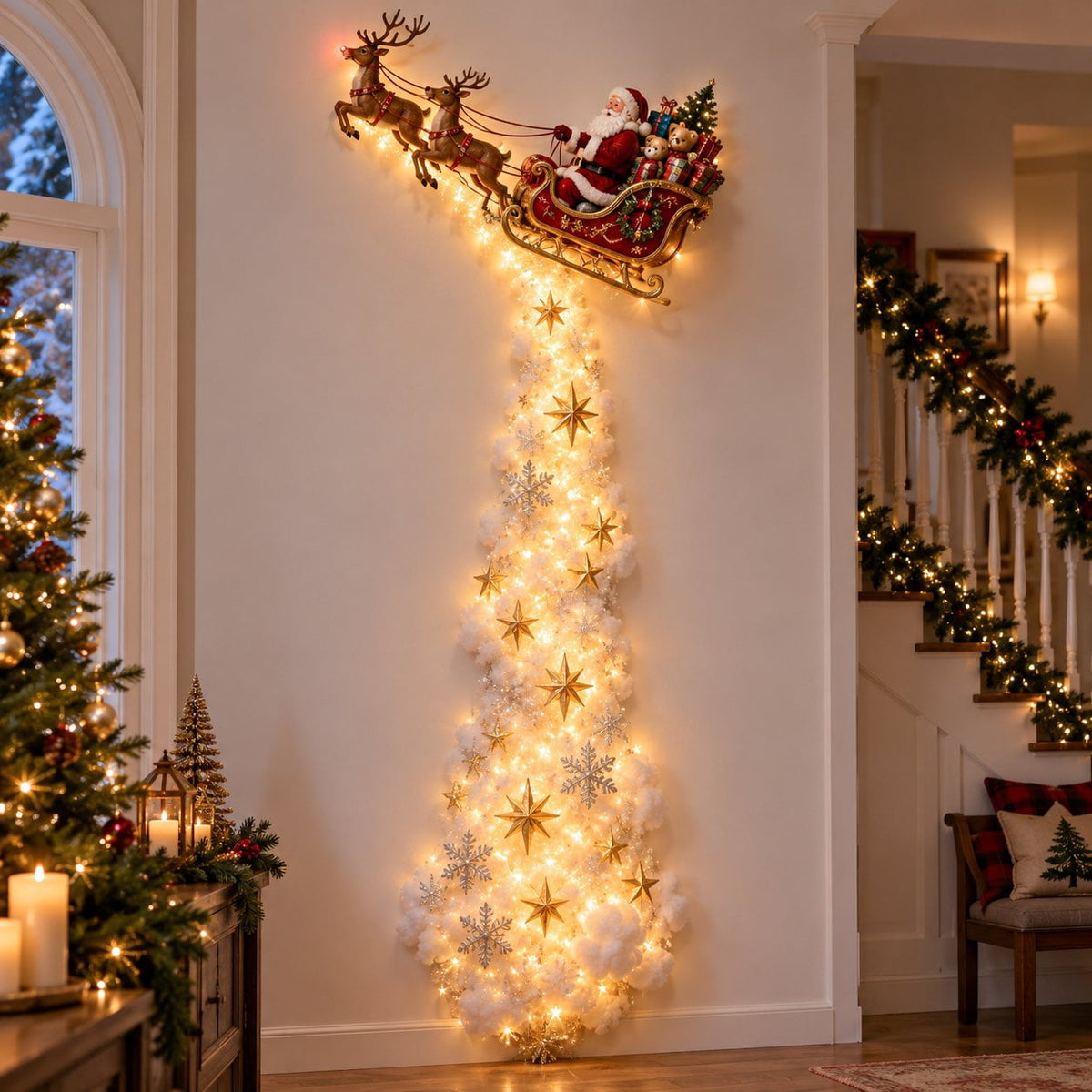 Christmas Staircase Banister Decor Set of 5 Lighted Santa Snow Scene Garland for Stair Railing Indoor Seasonal Home Ornament