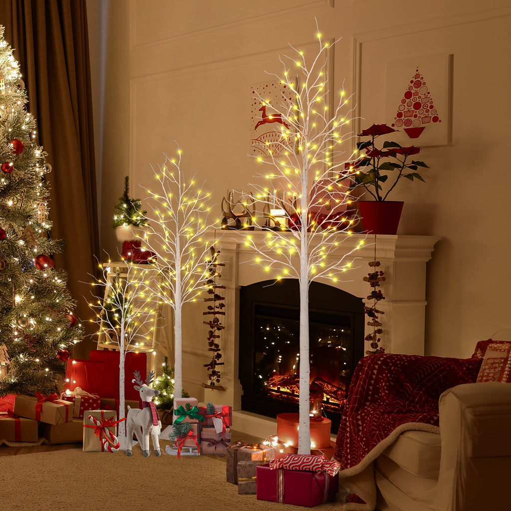 DR.Planzen LED Birch Tree Light Set - 4ft, 6ft, 8ft Artificial Pre-lit Trees - with Plug-in Warm Lights - Indoor Outdoor Christmas Holiday Wedding Decor for Home Party (3-Pack)