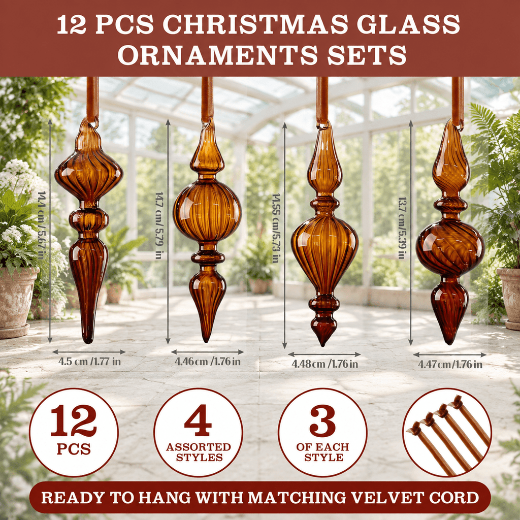 12 Burgundy Red Hand Blown Glass Finial Christmas Ornament Set