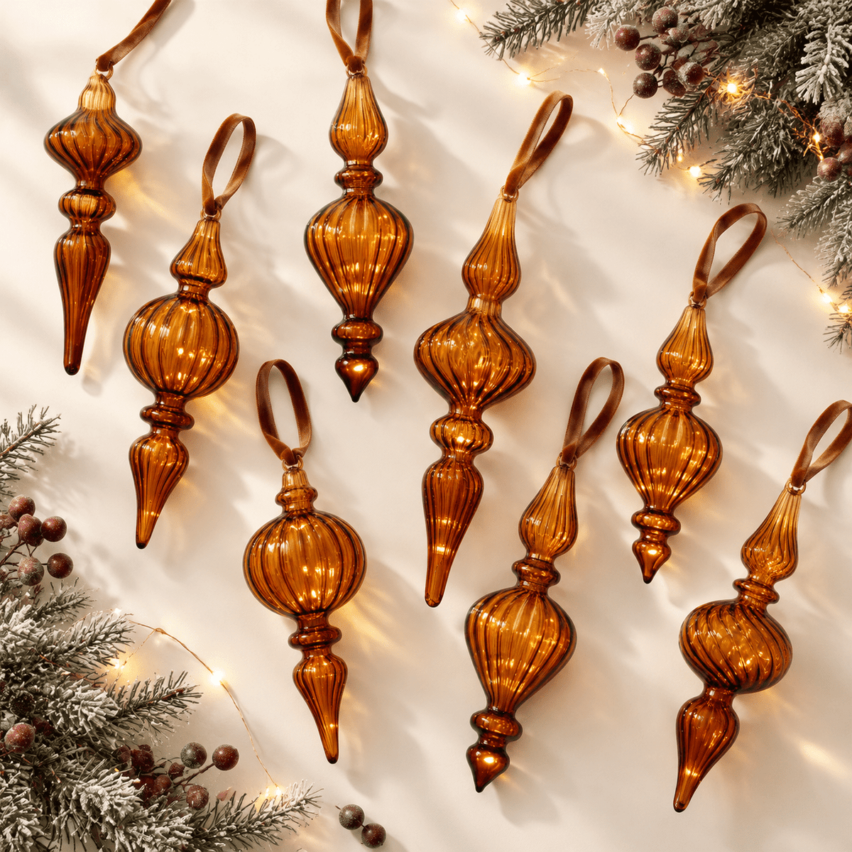 12 Burgundy Red Hand Blown Glass Finial Christmas Ornament Set
