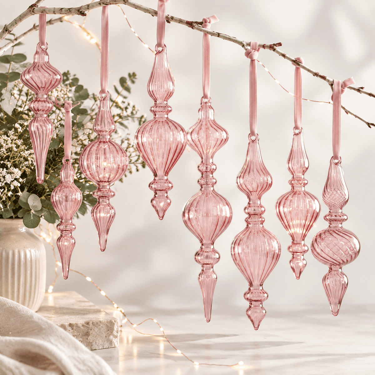 12 Burgundy Red Hand Blown Glass Finial Christmas Ornament Set
