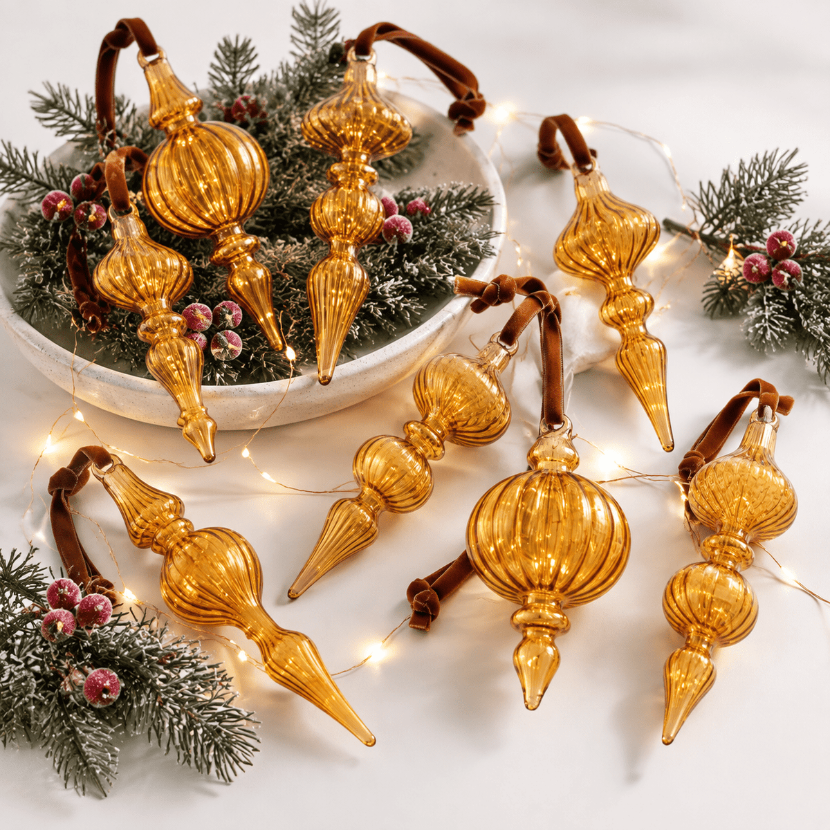 12 Burgundy Red Hand Blown Glass Finial Christmas Ornament Set