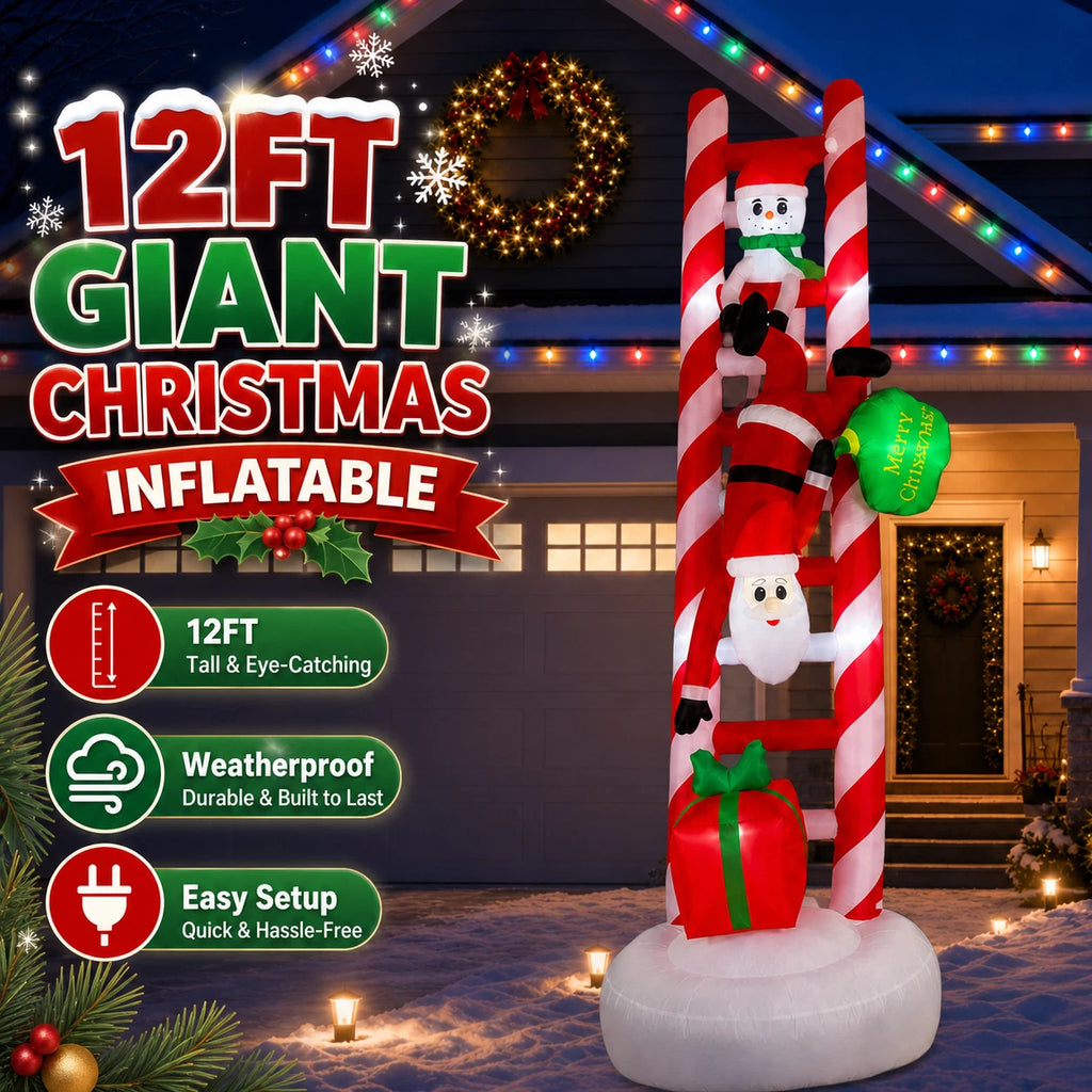 12FT Giant Christmas Inflatables Outdoor Decorations, Giant Christmas Blow up Ladder Built in LED Lights, Xmas Inflatable Decor Holiday Party Yard Garden Lawn