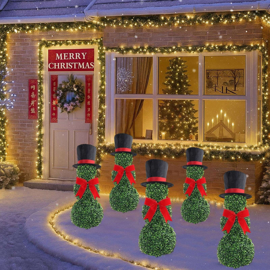 Christmas Snowman Topiary, Artificial Snowman Shaped Boxwood Tree with Santa Hat, Topiary for Outdoor Indoor Porch Decor Holiday Home and Garden Styling