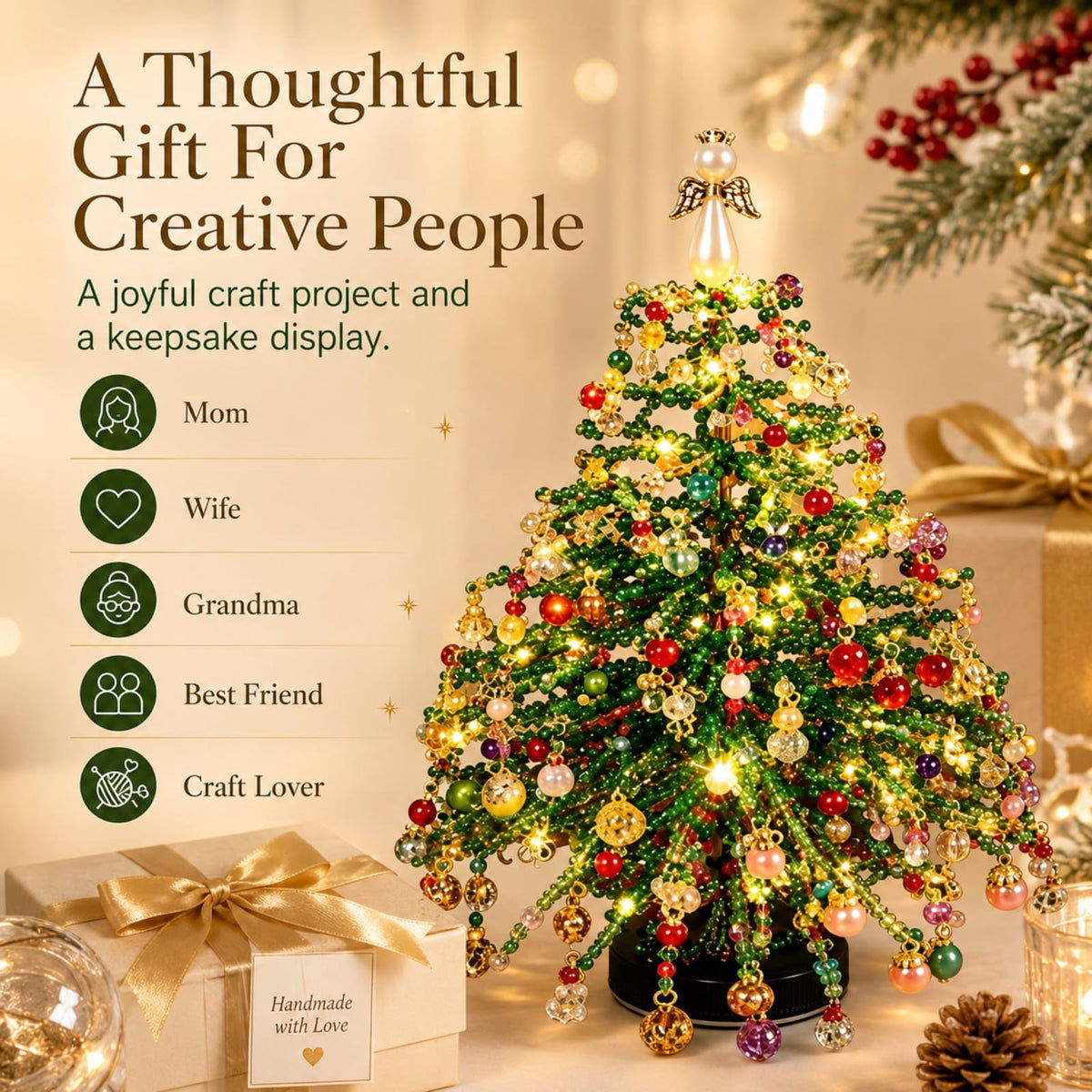 HIJUNE DIY Beaded Christmas Tree Kit, Crystal Holiday Craft Set for Adults, Colorful Beads, Ornament Charms, Metal Frame, Angel Topper, Warm Glow Display, Tabletop Decor