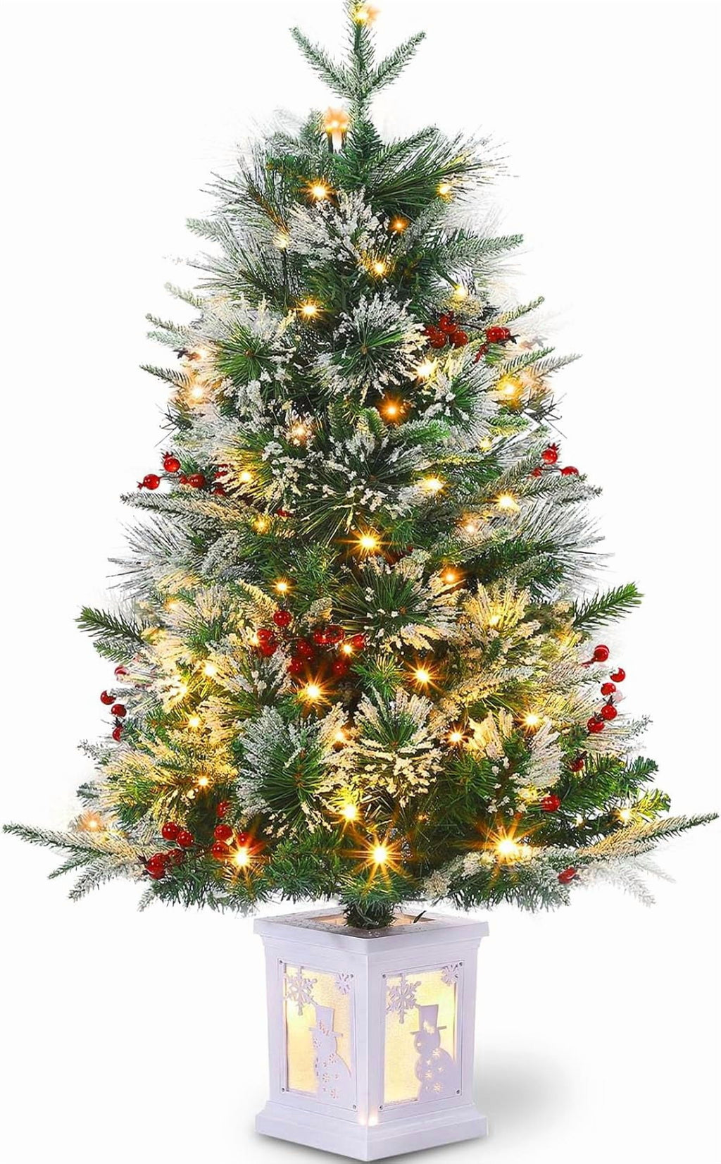 Flarhetoric 3FT Pre-Lit Snow Flocked Artificial Christmas Tree, 78 Warm White LEDs, 8 Lighting Modes, Red Berries, Easy Assembly, Tabletop Xmas Tree for Desk or Table Holiday Decor, Linen Base