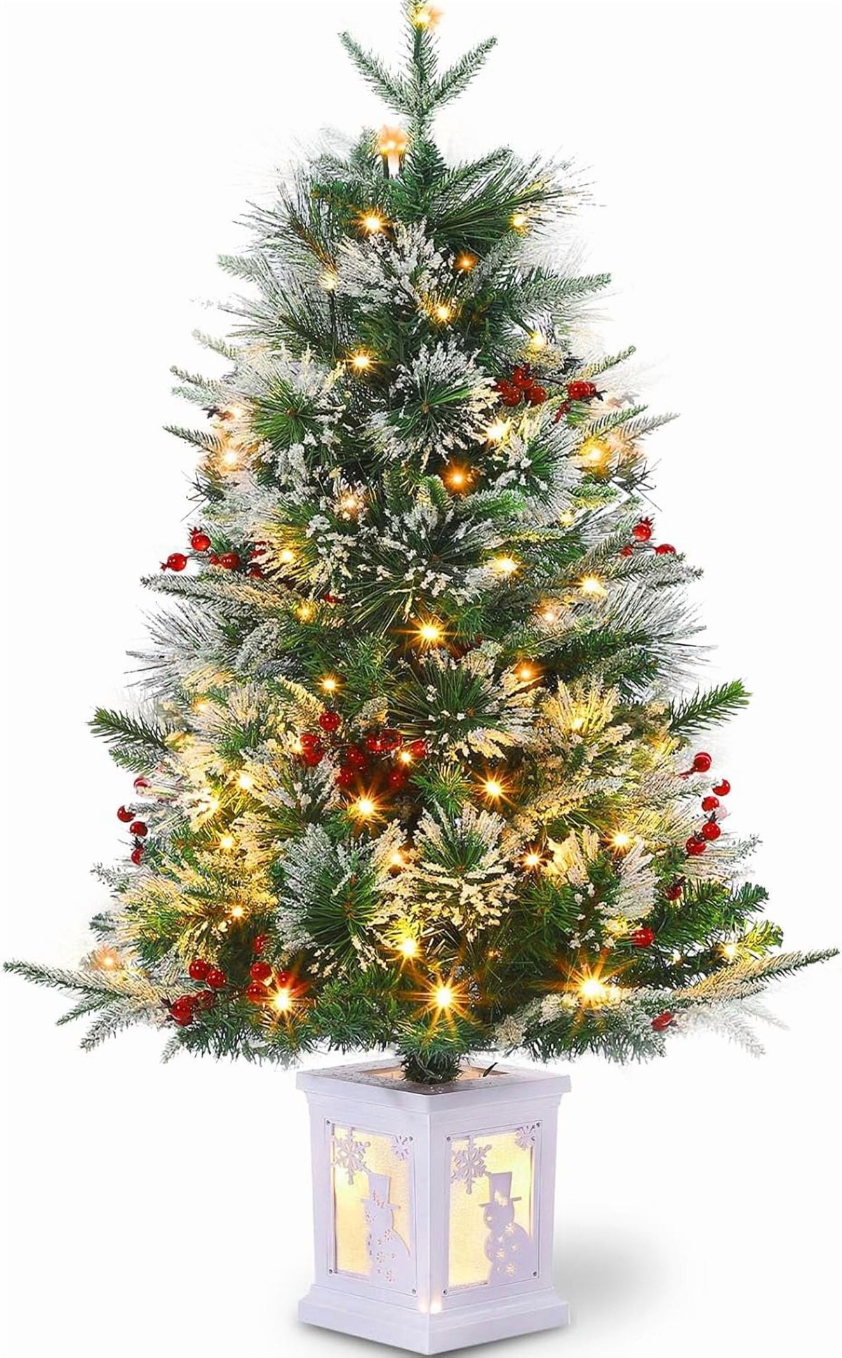Flarhetoric 3FT Pre-Lit Snow Flocked Artificial Christmas Tree, 78 Warm White LEDs, 8 Lighting Modes, Red Berries, Easy Assembly, Tabletop Xmas Tree for Desk or Table Holiday Decor, Linen Base