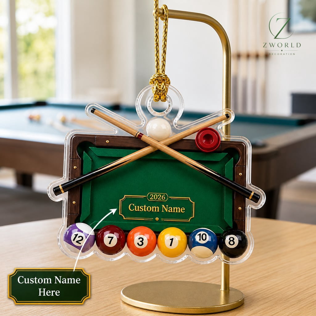 Christmas Tree Ornament Billiard Pool Table Crossed Cues and Numbered Balls Acrylic Hanging Holiday Decor