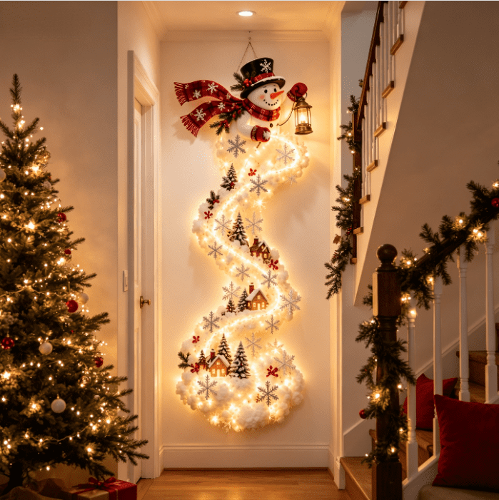 Christmas Staircase Banister Decor Set of 5 Lighted Santa Snow Scene Garland for Stair Railing Indoor Seasonal Home Ornament
