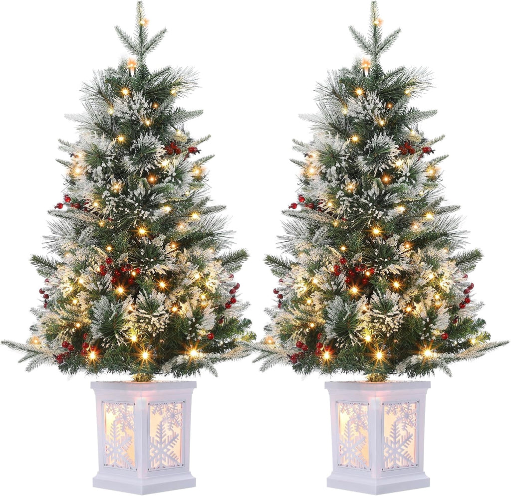 Flarhetoric 3FT Pre-Lit Snow Flocked Artificial Christmas Tree, 78 Warm White LEDs, 8 Lighting Modes, Red Berries, Easy Assembly, Tabletop Xmas Tree for Desk or Table Holiday Decor, Linen Base