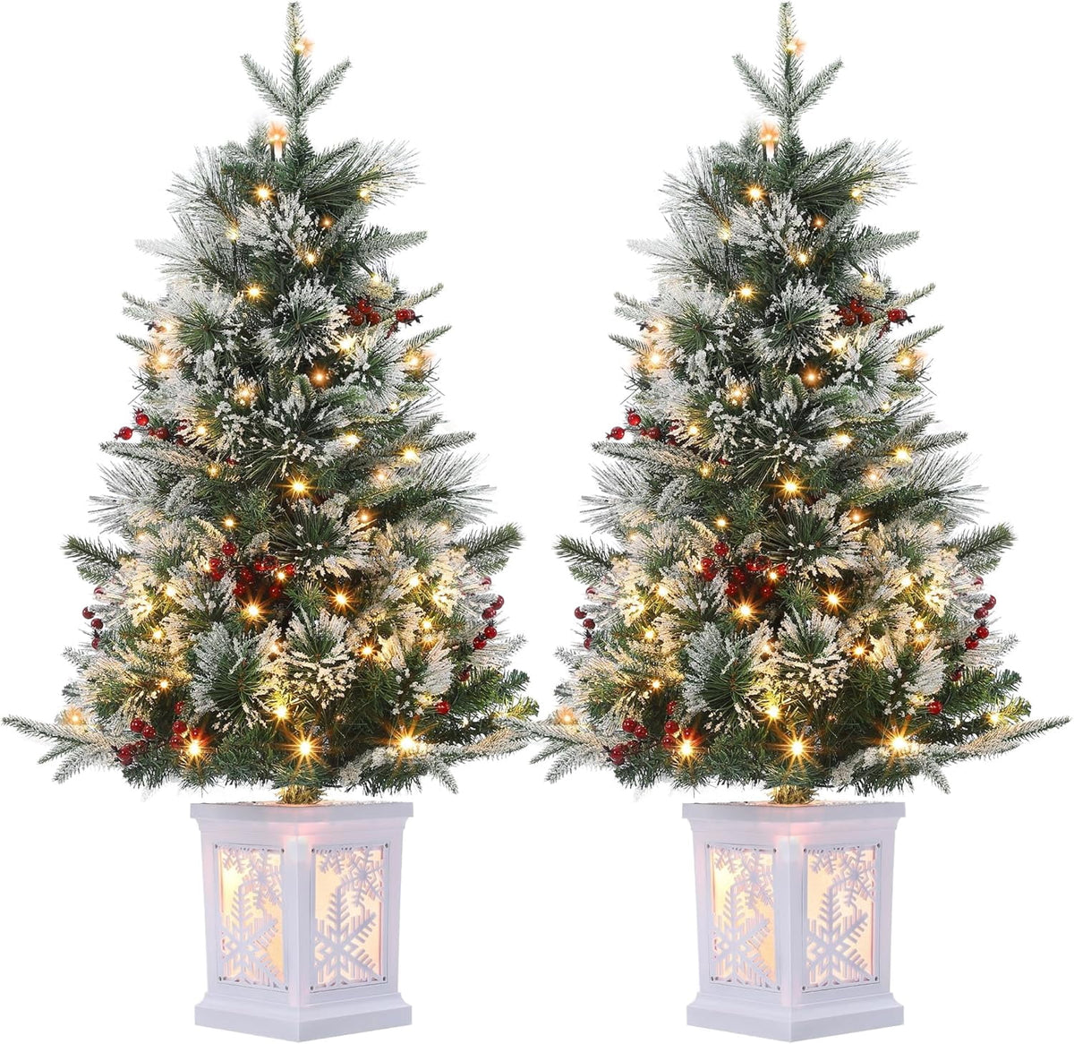 Flarhetoric 3FT Pre-Lit Snow Flocked Artificial Christmas Tree, 78 Warm White LEDs, 8 Lighting Modes, Red Berries, Easy Assembly, Tabletop Xmas Tree for Desk or Table Holiday Decor, Linen Base