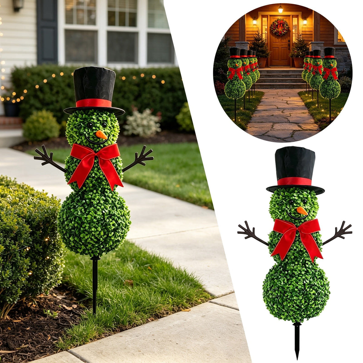 Christmas Snowman Topiary, Artificial Snowman Shaped Boxwood Tree with Santa Hat, Topiary for Outdoor Indoor Porch Decor Holiday Home and Garden Styling