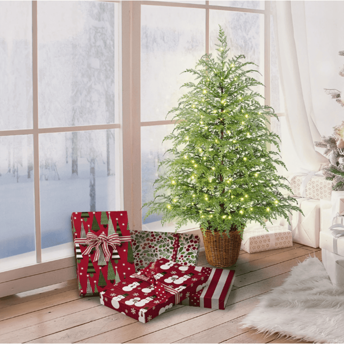2 Set 4FT Lifelike Touch Artificial Cedar Topiary Trees for Front Porch | Fake Christmas Trees, Faux Potted Plants, UV Resistant Fake Greenery, for Front Door Garden Outdoor Farmhouse Home Decoration