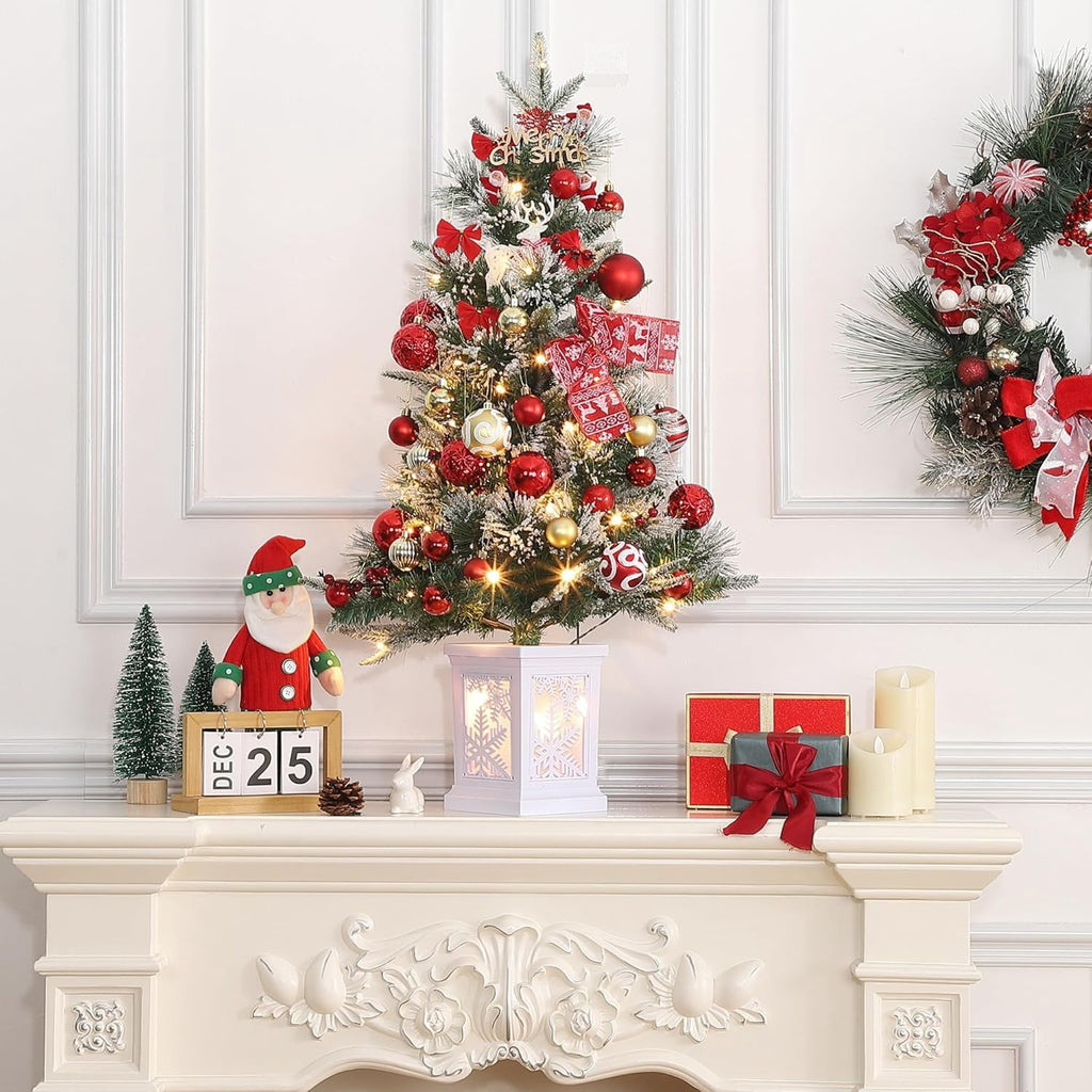 Flarhetoric 3FT Pre-Lit Snow Flocked Artificial Christmas Tree, 78 Warm White LEDs, 8 Lighting Modes, Red Berries, Easy Assembly, Tabletop Xmas Tree for Desk or Table Holiday Decor, Linen Base