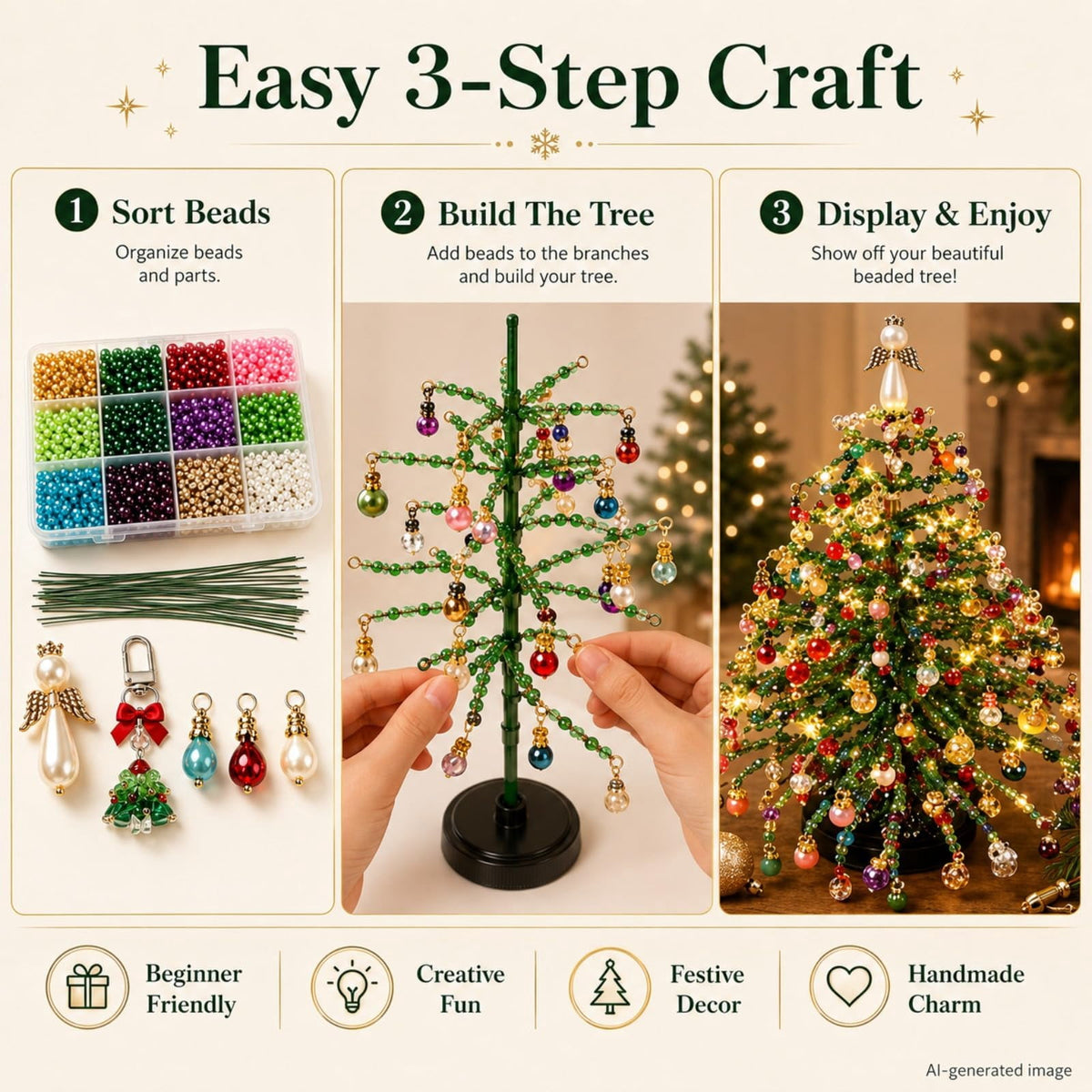 HIJUNE DIY Beaded Christmas Tree Kit, Crystal Holiday Craft Set for Adults, Colorful Beads, Ornament Charms, Metal Frame, Angel Topper, Warm Glow Display, Tabletop Decor