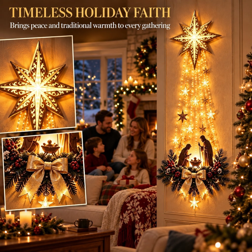 Christmas Decor,Lighted Nativity Bethlehem Star Wall Decor – Warm LED Star Lights, Gold, Indoor & Outdoor Christmas Wall Hanging