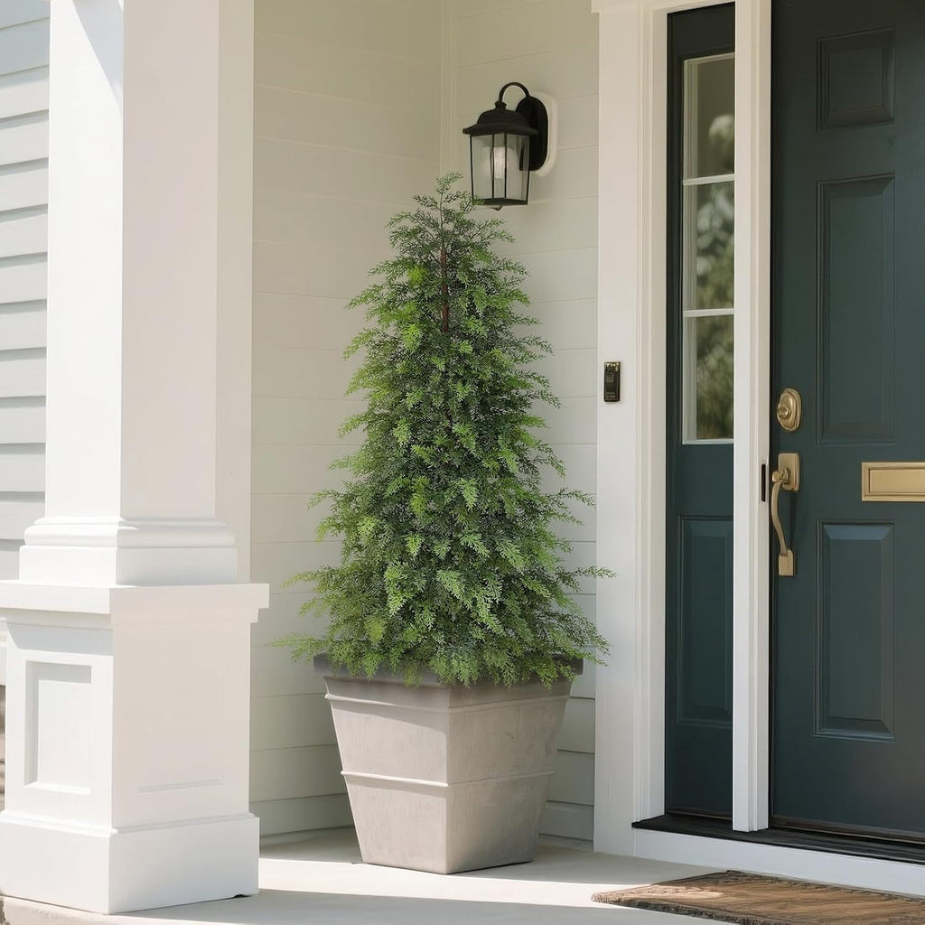 2 Set 4FT Lifelike Touch Artificial Cedar Topiary Trees for Front Porch | Fake Christmas Trees, Faux Potted Plants, UV Resistant Fake Greenery, for Front Door Garden Outdoor Farmhouse Home Decoration