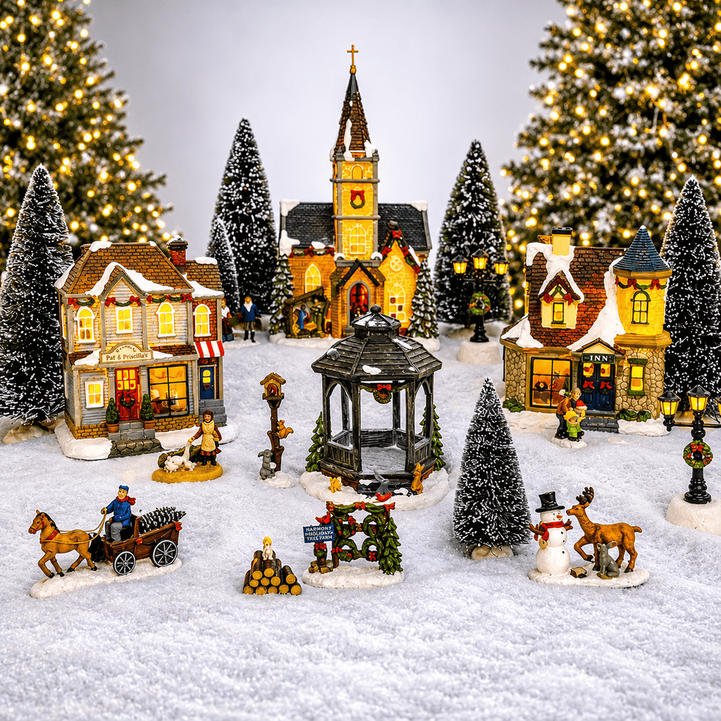 20-Piece Lighted Christmas Village Set with LED Lights Battery Operated Miniature Holiday Town Display Hand-Painted Christmas Houses, Figurines & Trees Gift-Ready Packaging