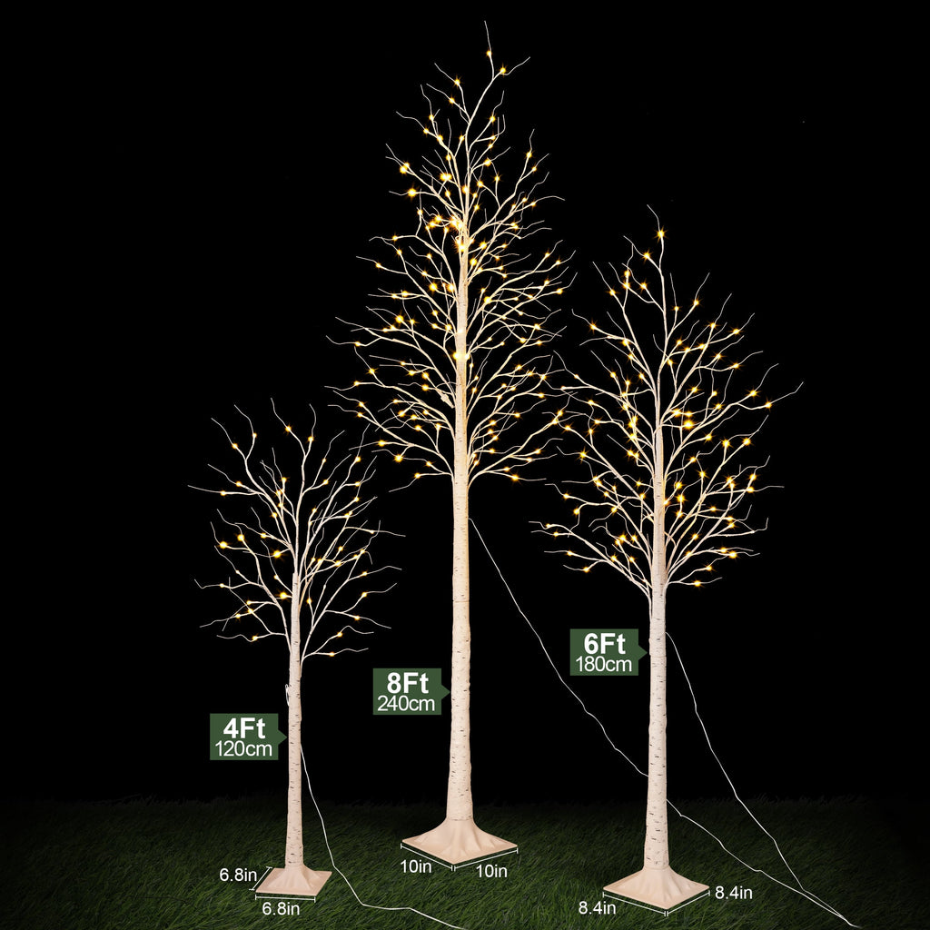 DR.Planzen LED Birch Tree Light Set - 4ft, 6ft, 8ft Artificial Pre-lit Trees - with Plug-in Warm Lights - Indoor Outdoor Christmas Holiday Wedding Decor for Home Party (3-Pack)