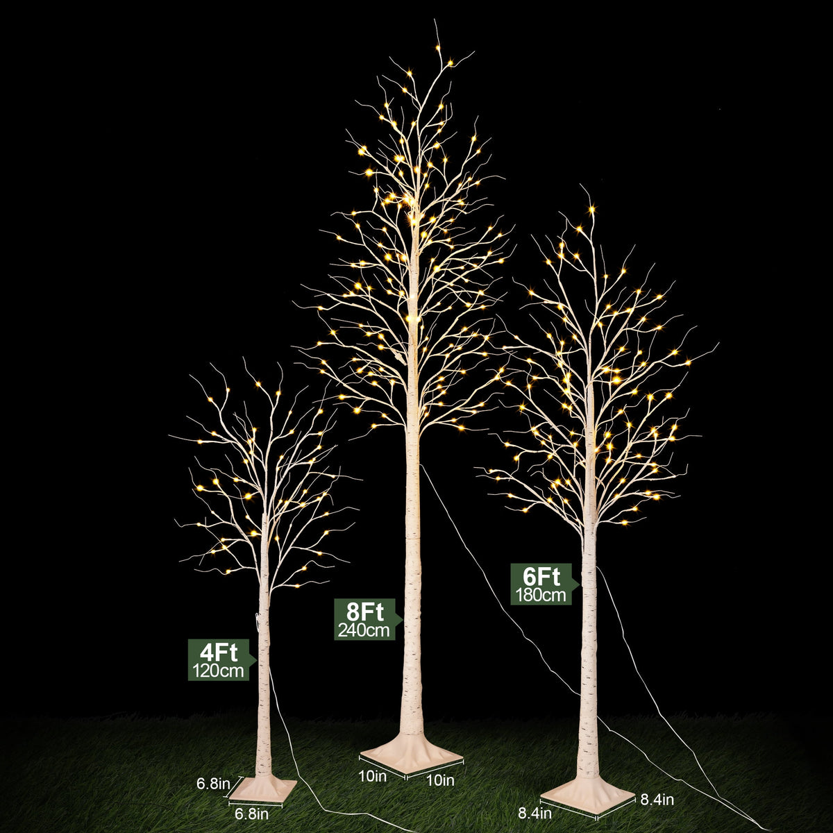 DR.Planzen LED Birch Tree Light Set - 4ft, 6ft, 8ft Artificial Pre-lit Trees - with Plug-in Warm Lights - Indoor Outdoor Christmas Holiday Wedding Decor for Home Party (3-Pack)