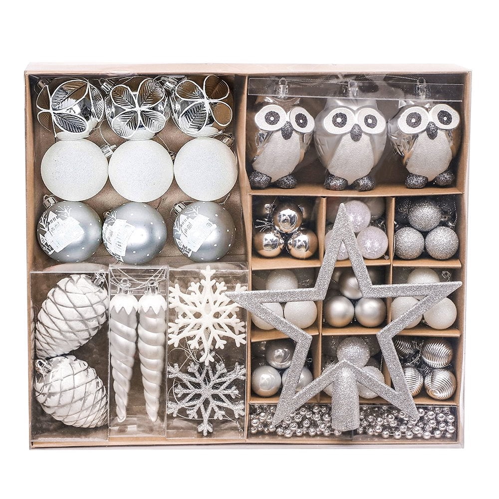 Winter Woodlands Large White and Silver Ornament Set of 90, Glittery Snow Owls, Cones, Snowflakes, and Stalactites