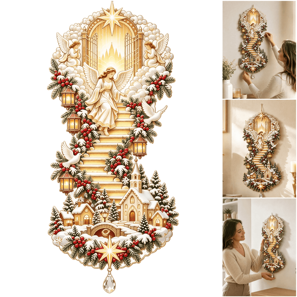 Christmas Staircase Banister Decor Set of 5 Lighted Santa Snow Scene Garland for Stair Railing Indoor Seasonal Home Ornament