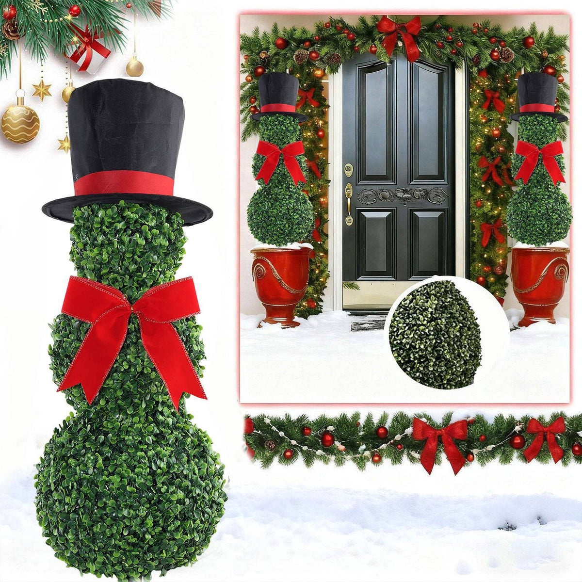 Christmas Snowman Topiary, Artificial Snowman Shaped Boxwood Tree with Santa Hat, Topiary for Outdoor Indoor Porch Decor Holiday Home and Garden Styling