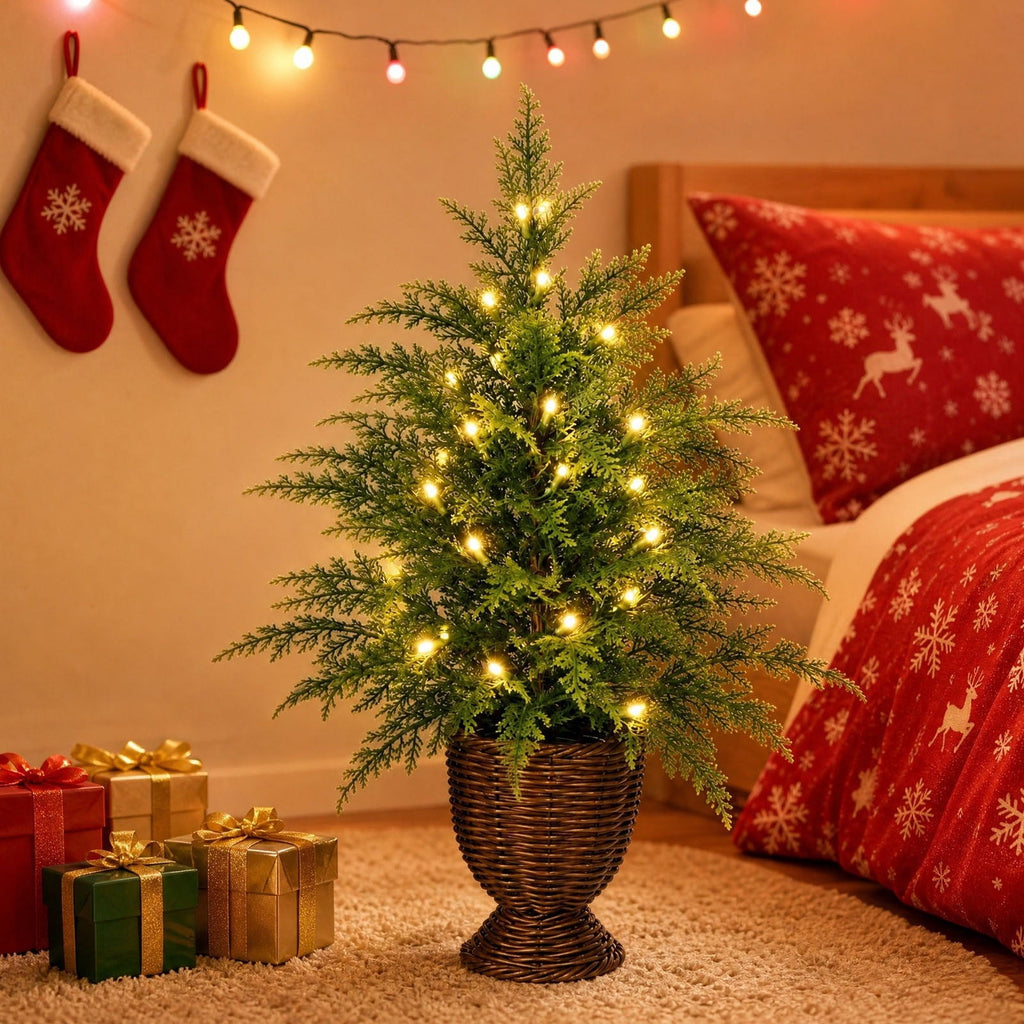 Potted Christmas Tree, 47 Inch Artificial Spruce With Woven Basket And Warm White LED Lights, For Entryway, Living Room, Porch - Style 1 - 47 Inch