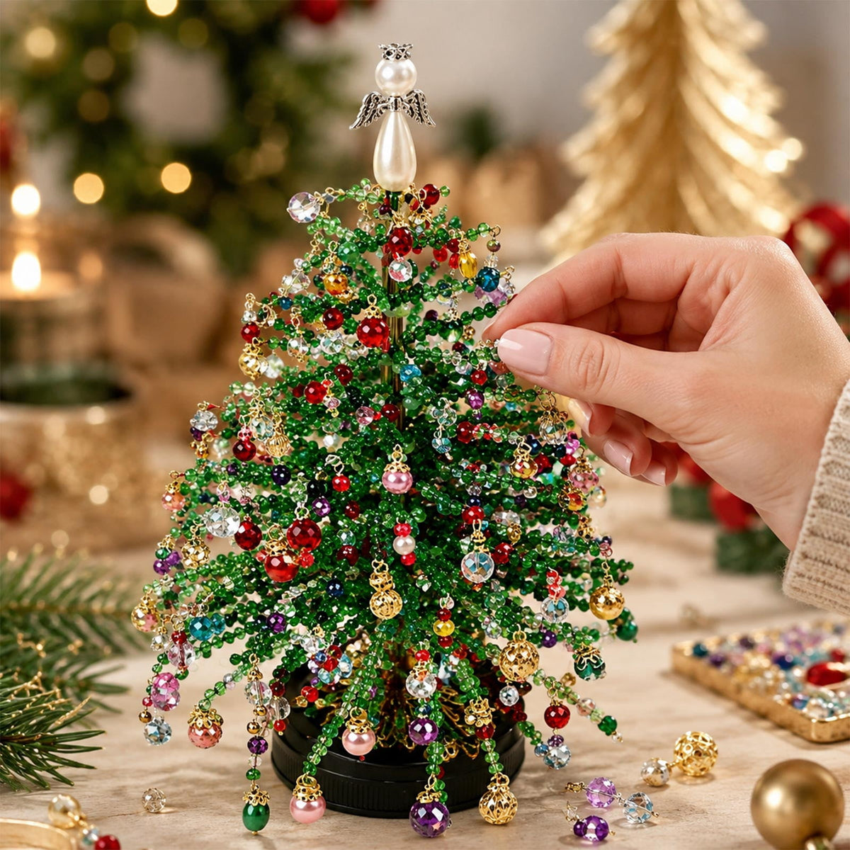 DIY Beaded Christmas Tree Kit,Handmade Mini Xmas Bead Art Craft Set,3D Crystal Bead Holiday Tree Making Project,Creative Tabletop Christmas Decoration,Relaxing DIY Activity and Festive Gift(#06)