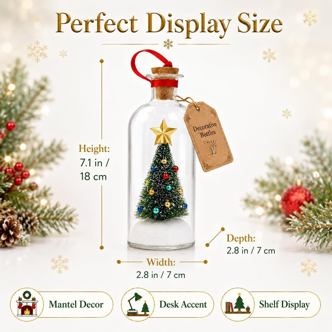 3-Piece Recordable Christmas Tree in a Bottle Ornaments, Glass Holiday Decorations with Snowy Mini Trees and 30-Second Voice Recording, Christmas Mantel Decor