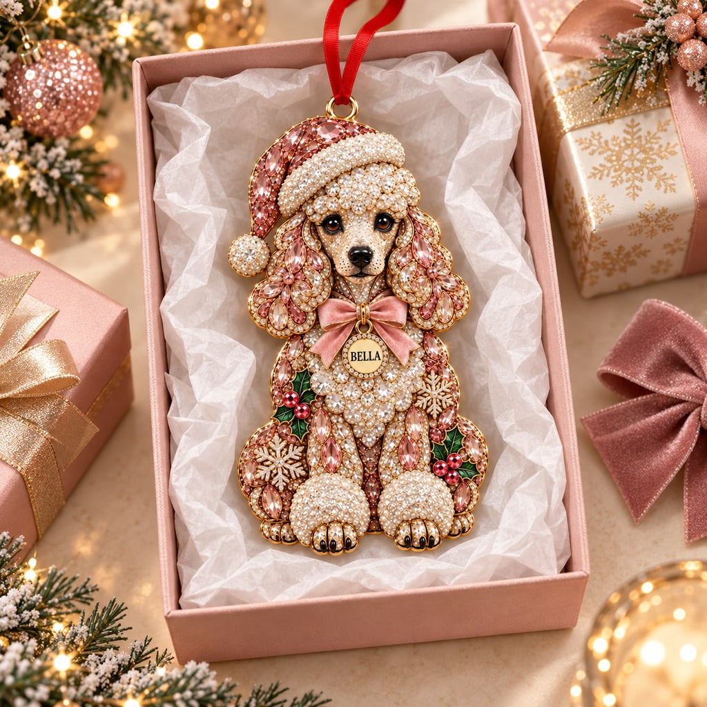 Jeweled Poodle Christmas Ornament With Pink Santa Hat