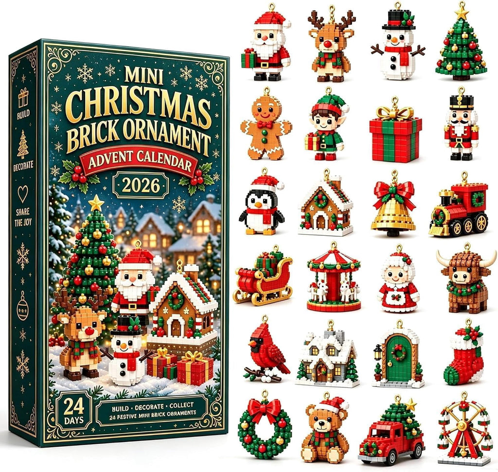24-Day Mini Christmas Brick Ornament Advent Calendar,24 Unique Designs Buildable Bricks, DIY Building Set for Christmas Trees, Mantels and Festive Displays