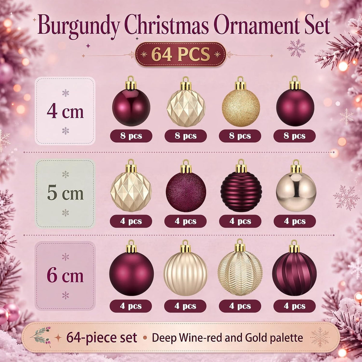 64 Pack Burgundy Gold Hanging Baubles, 1.57 / 1.97 / 2.36 Inch Christmas Tree Decor Balls