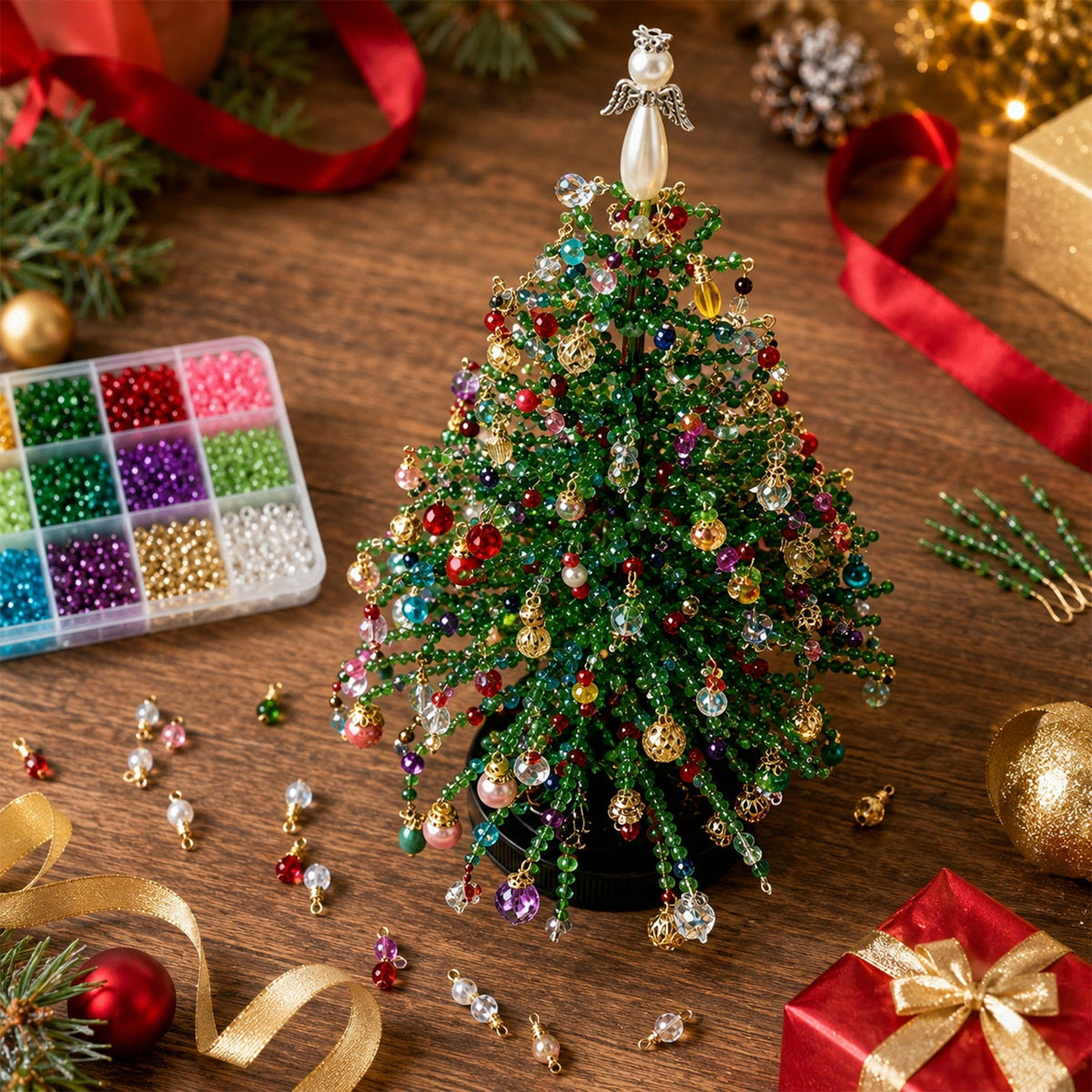 DIY Beaded Christmas Tree Kit,Handmade Mini Xmas Bead Art Craft Set,3D Crystal Bead Holiday Tree Making Project,Creative Tabletop Christmas Decoration,Relaxing DIY Activity and Festive Gift(#06)