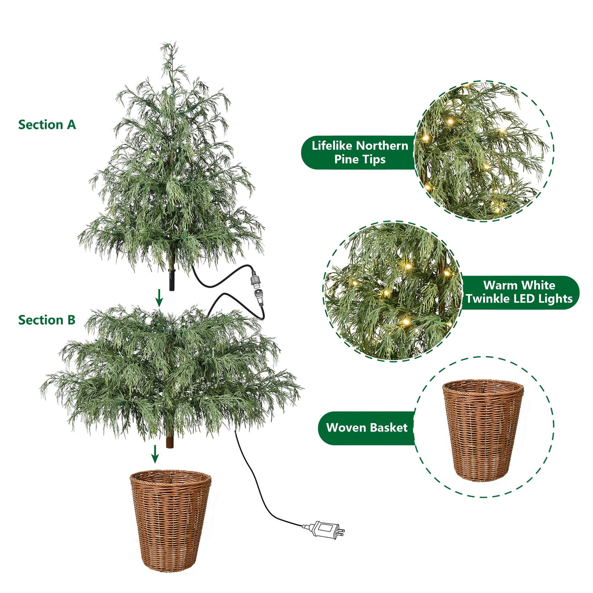 My Texas House 4ft Pre-lit Green Northern Pine Potted Christmas Tree, 80 Twinkle LED