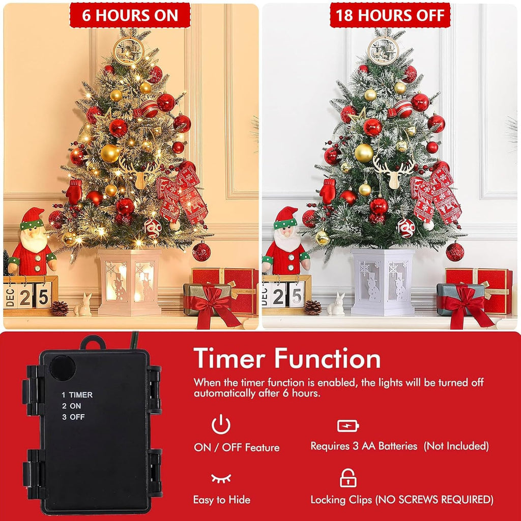 Flarhetoric 3FT Pre-Lit Snow Flocked Artificial Christmas Tree, 78 Warm White LEDs, 8 Lighting Modes, Red Berries, Easy Assembly, Tabletop Xmas Tree for Desk or Table Holiday Decor, Linen Base